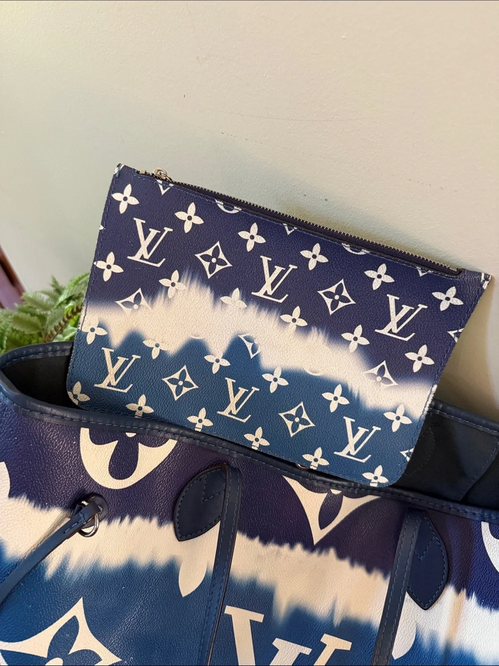 Blue White Tote Bag with Logo Pattern